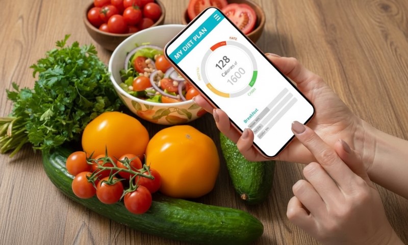 Ženska osoba koristi kalkulator kalorija na mobilnom telefonu tokom obroka
